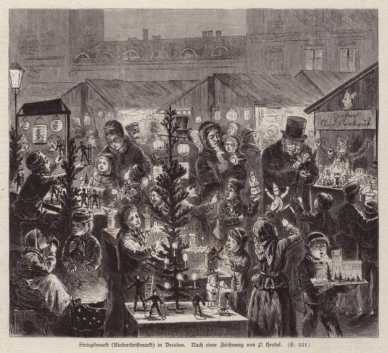 Striezelmarkt julemarked, Dresden, Tyskland (gravering) af English School