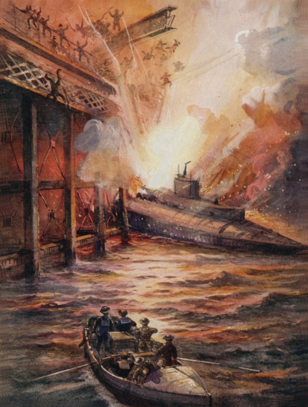 Submarine C3, filled with high explosives, charging the mole at Zeebrugge  af English School