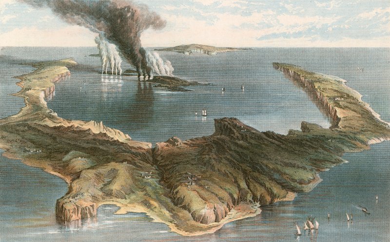 Ubådsvulkan - øen Santorini, under udbruddet i 1866 af English School