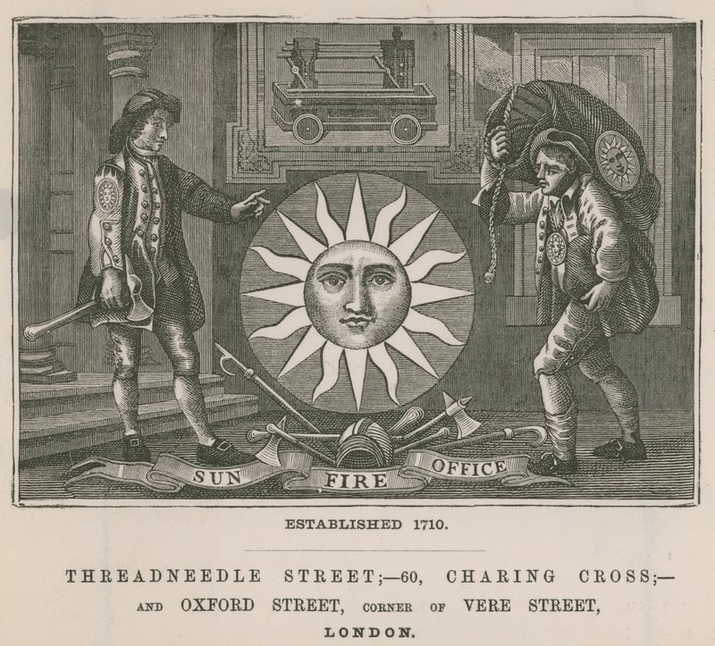 Sun Fire Office, Threadneedle Street, 60 Charing Cross og Oxford Street, London af English School