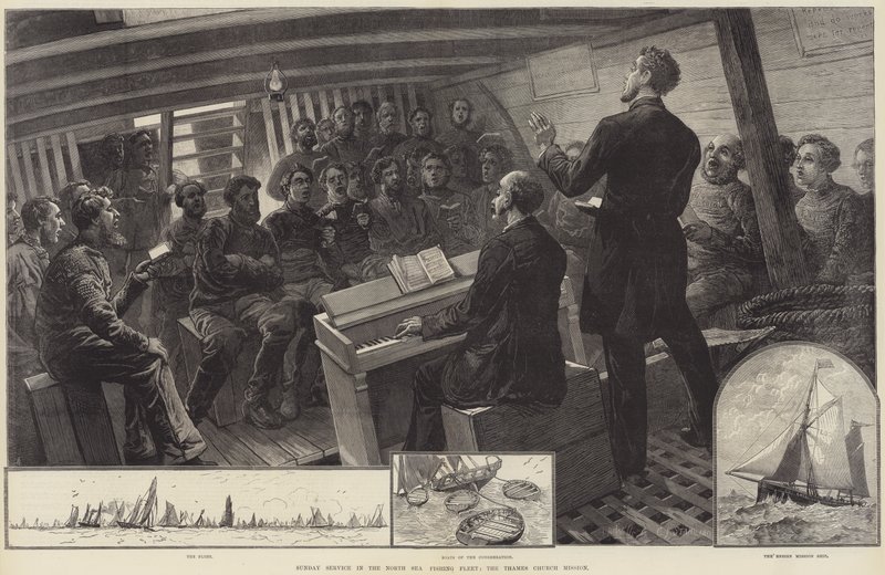 Søndagsgudstjeneste i Nordsøens Fiskerflåde, Themsen Kirkemission (gravering) af English School