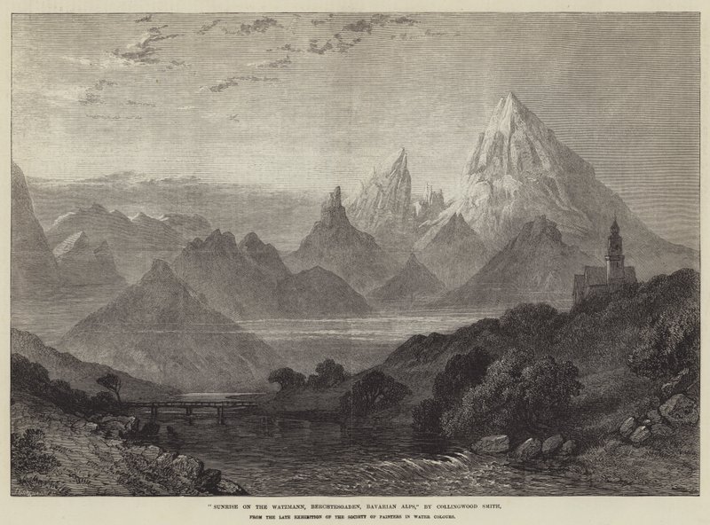 Solopgang på Watzmann, Berchtesgaden, bayerske alper (gravering) af English School