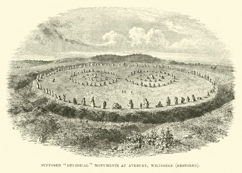 Formodede druidiske monumenter ved Avebury, Wiltshire, restaureret af English School