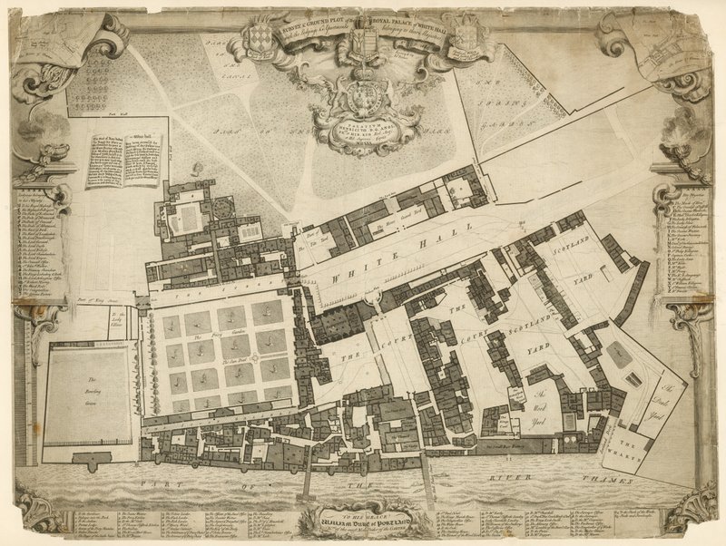 Opmåling og grund af Royal Palace of Whitehall, 1680, med logi og lejligheder tilhørende deres majestæter af English School