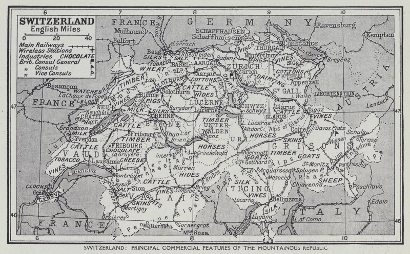 Schweiz, de vigtigste kommercielle træk ved den bjergrige republik (litho) af English School
