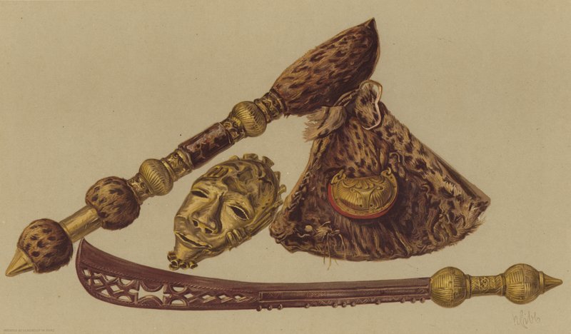 Sværd, økse og guldmaske fanget i Ashantee-ekspeditionen (chromolitho) af English School