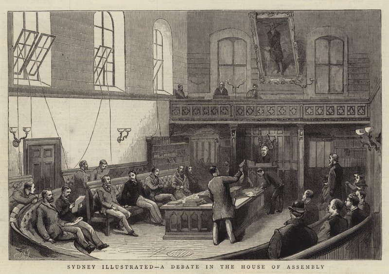 Sydney Illustrated, en debat i forsamlingshuset (gravering) af English School