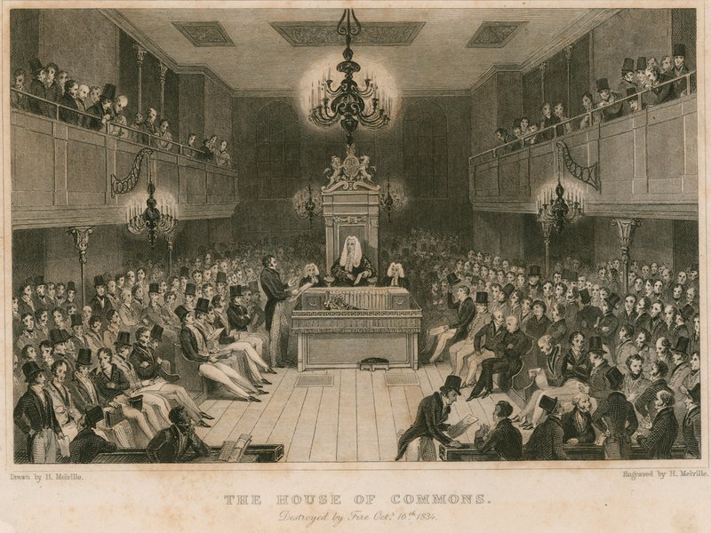 Underhuset, ødelagt af brand, 16. oktober 1834 af English School