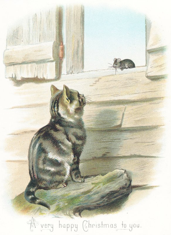 Tabby Cat stirrer på mus, julekort af English School