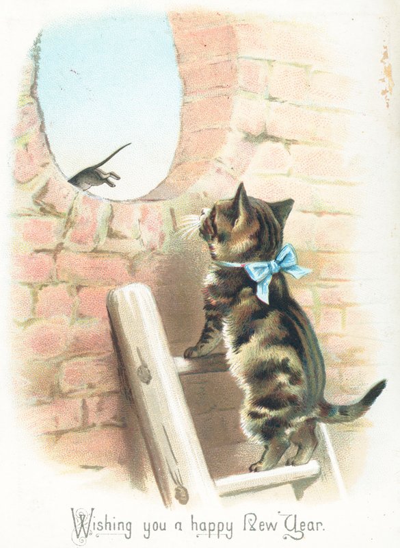 Tabby Cat ser mus løbe væk, nytårskort af English School