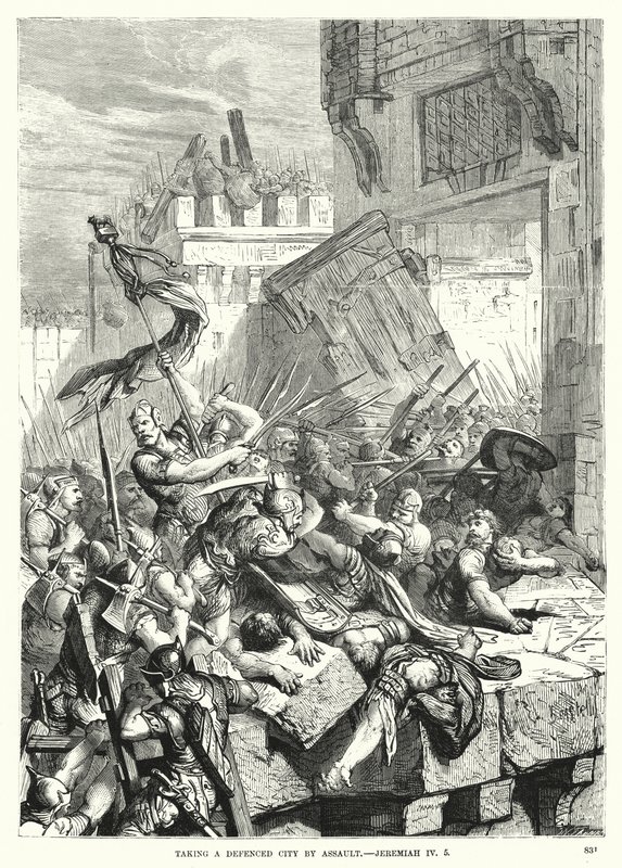 Tage en forsvaret by ved overfald, Jeremiah IV, 5 (gravering) af English School
