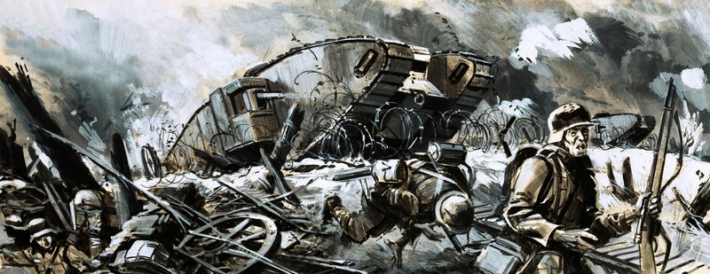 Tanks dukkede første gang op under Første Verdenskrig (gouache på papir) af English School