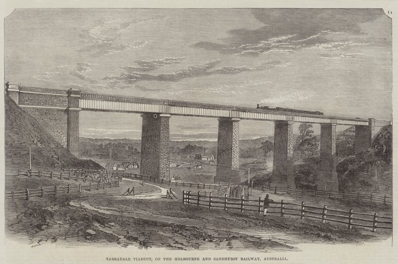 Tarradale Viaduct, på Melbourne og Sandhurst Railway, Australien (gravering) af English School