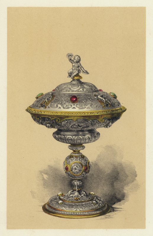 Tazza, med låg, i sølv besat med juveler (chromolitho) af English School