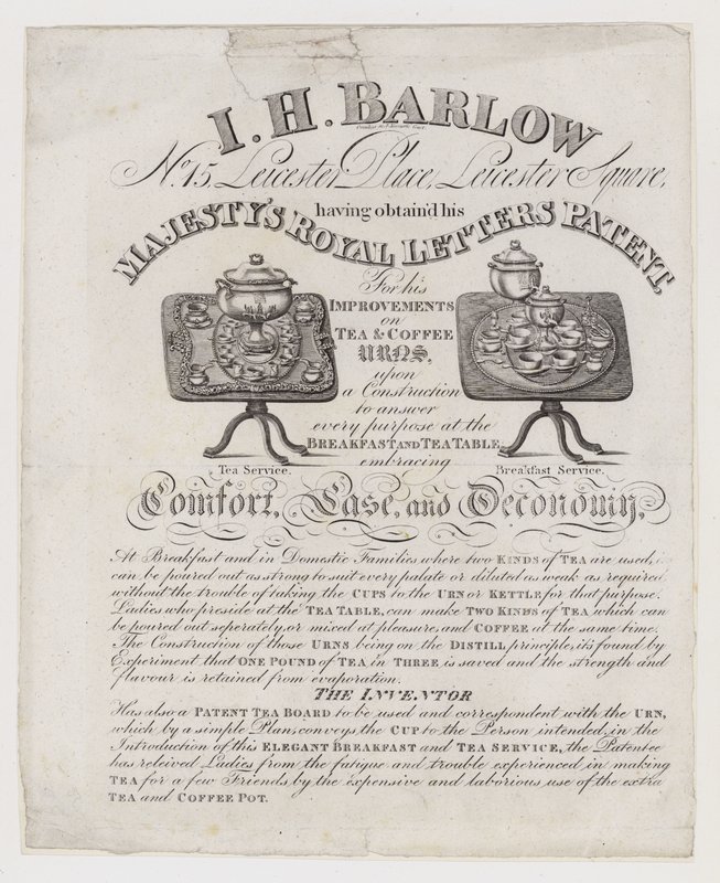 Tea Urn Makers, I H Barlow, handelskort af English School