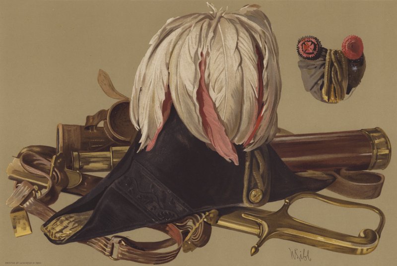 Teleskop af hertugen af Wellington, og sværdet og hatten båret af ham i Waterloo (chromolitho) af English School