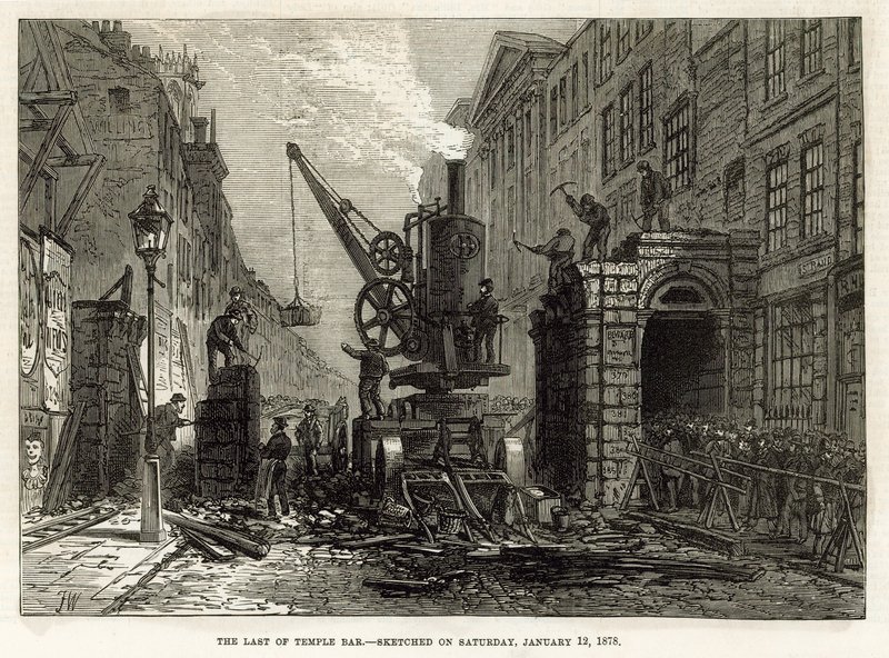 Temple Bar, London. Nedrivning, 12. januar 1878 af English School