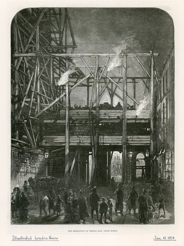 Temple Bar, London. Nedrivning, 1878 af English School