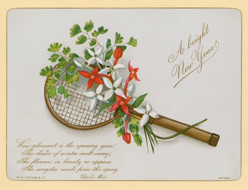 Tennisketsjer og blomster, nytårskort af English School
