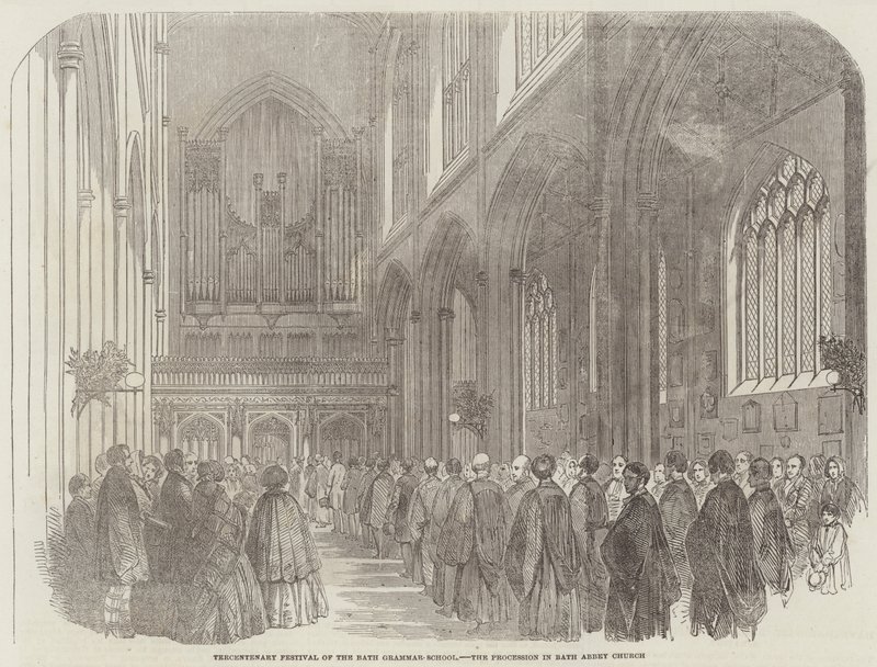 Jubilæumsfestival for Bath Grammar-School, Procession i Bath Abbey Church (gravering) af English School