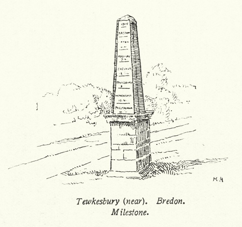 Tewkesbury, nær Bredon, Milestone (litografi) af English School