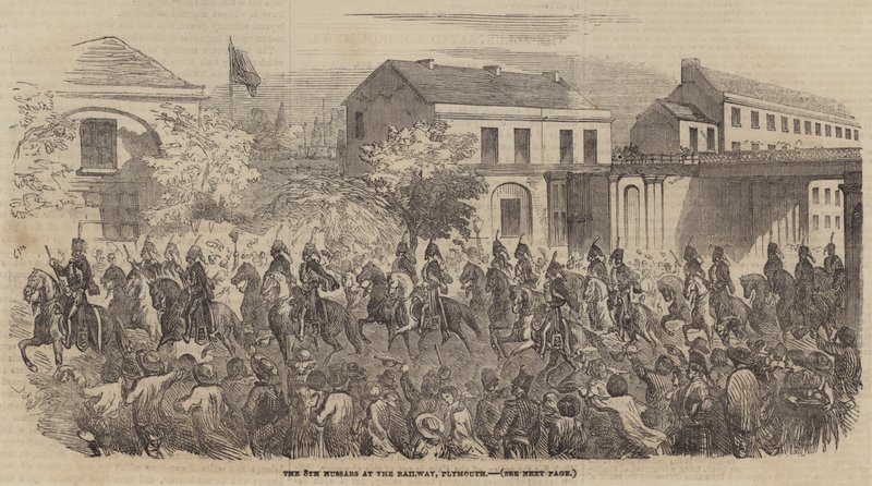 The 8th Hussars at the Railway, Plymouth (gravering) af English School
