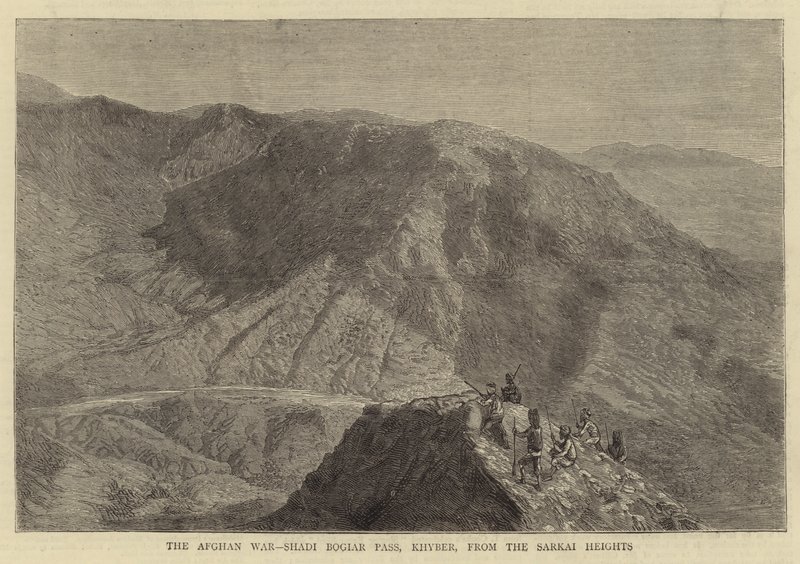 Den afghanske krig, Shadi Bogiar Pass, Khyber, fra Sarkai Heights (gravering) af English School