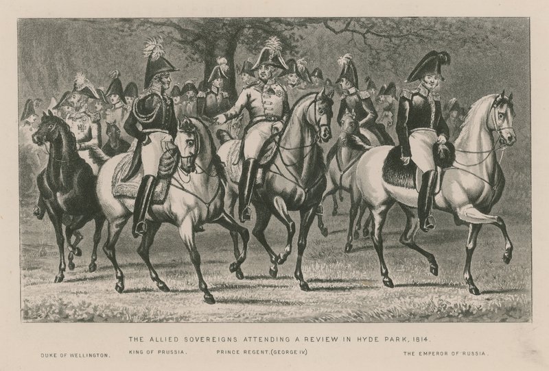 De allierede suveræner deltager i en anmeldelse i Hyde Park, 1814 af English School