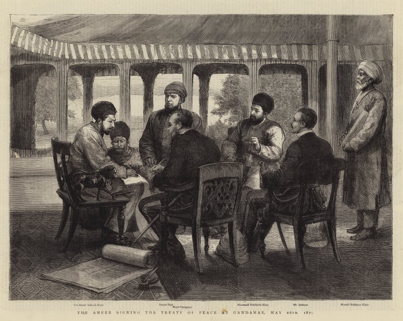 Ameeren underskriver fredstraktaten i Gandamak, 26. maj 1879 (gravering) af English School