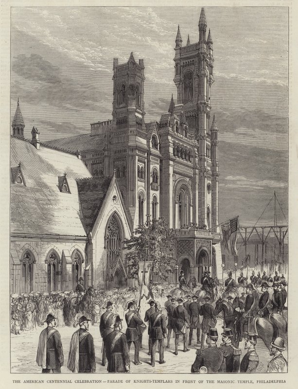 The American Centennial Celebration, Parade of Knights-Templars foran Frimurertemplet, Philadelphia (gravering) af English School