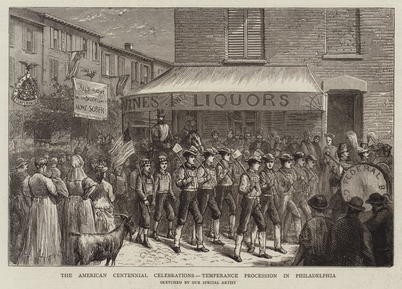 The American Centennial Celebrations, Temperance Procession i Philadelphia (gravering) af English School