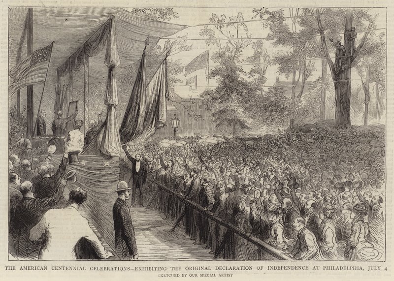The American Centennial Celebrations, der udstiller den originale uafhængighedserklæring i Philadelphia, 4. juli (gravering) af English School