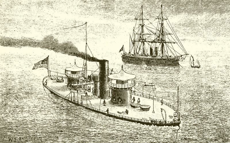 Det amerikanske krigsskib Miantonoma og Ironclad med to tårne af English School