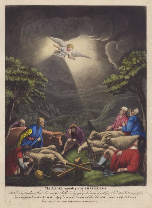 Englen, der viser sig for hyrderne (farve litho) af English School