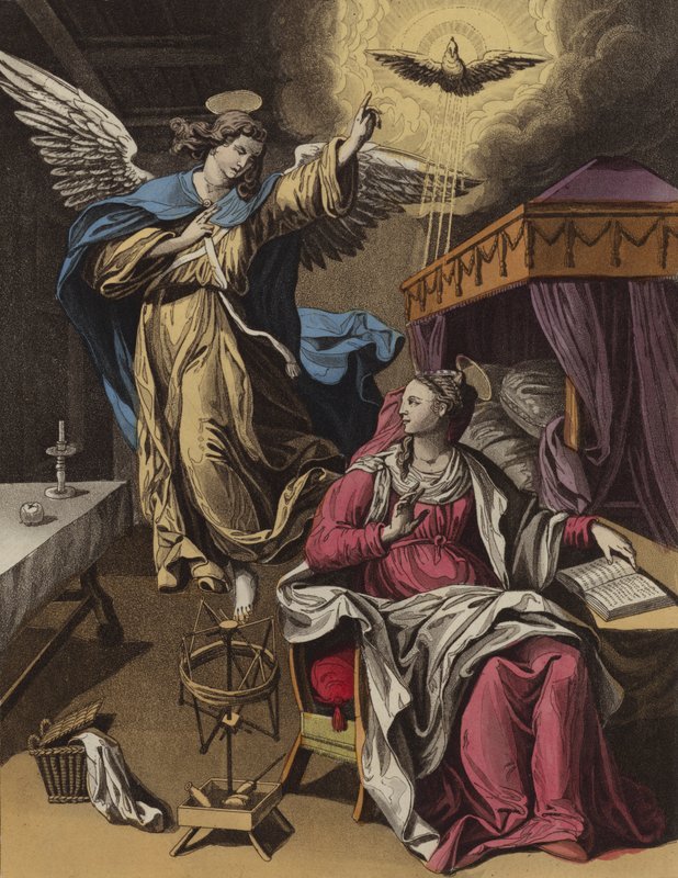 Bebudelsen (farve litho) af English School