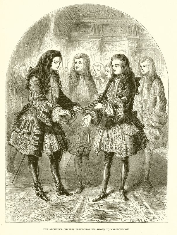 Ærkehertug Charles præsenterer sit sværd til Marlborough af English School