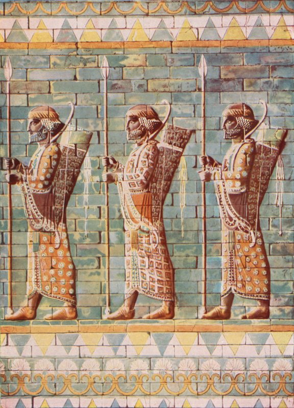 The Archers of King Darius: emaljerede fliser fra Susa (farve litho) af English School