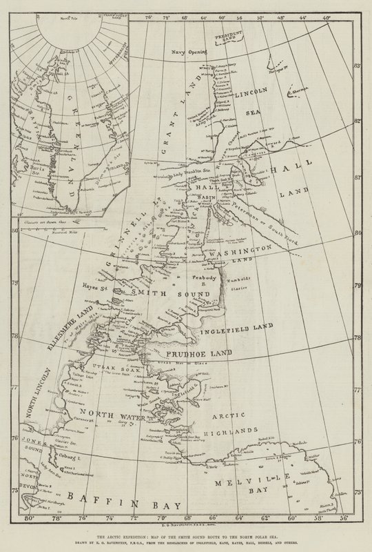 Den arktiske ekspedition, kort over Smith Sound-ruten til Nordpolarhavet (gravering) af English School
