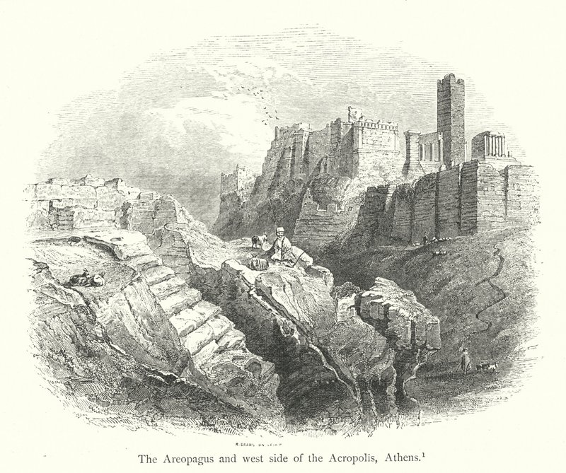 Areopagen og vestsiden af Akropolis, Athen (kobberstik) af English School