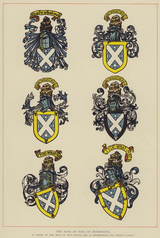The Arms of Haig of Bemersyde, som båret af lederen af det hus, og som forskellig for forskellige kadetter (farve litho) af English School