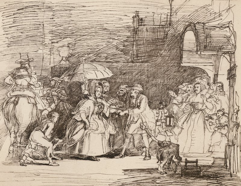 The Arrival of the Rich Relation, efter Wilkie, fra en pen og blæk tegning (litho) af English School