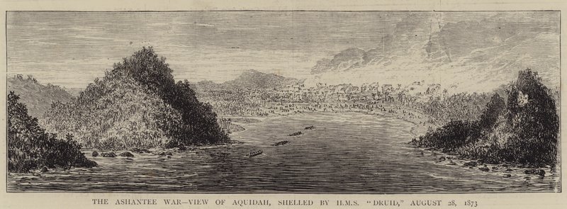 Ashantee War, View of Aquidah, beskudt af HMS "Druid", 28. august 1873 (gravering) af English School