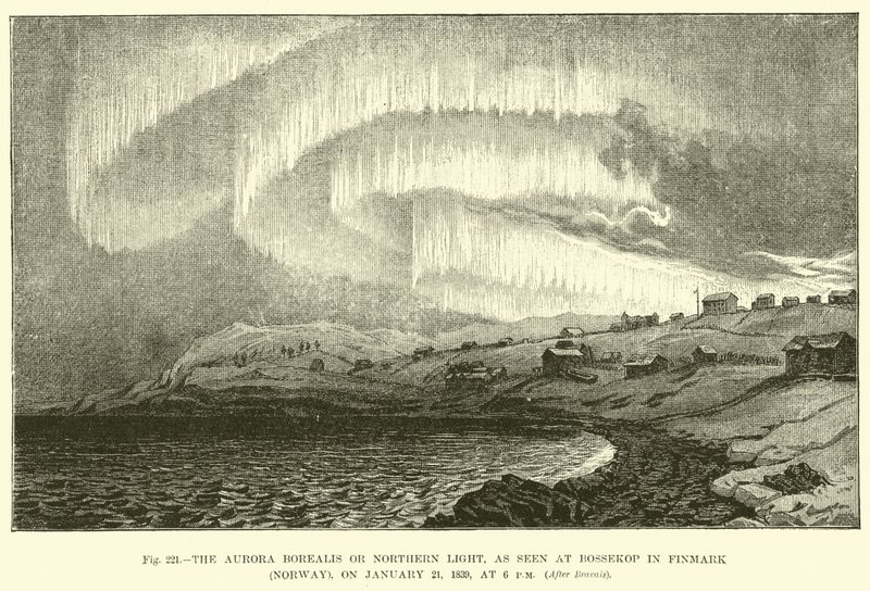 The Aurora Borealis or Northern Light, as seen at Bossekop in Finmark (Norway), on 21 January 1839, at 6 pm  af English School