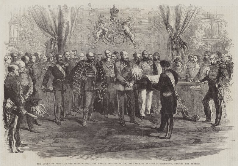 Tildelingen af priser på den internationale udstilling, Earl Granville, præsident for den kongelige kommission, læser talen (gravering) af English School