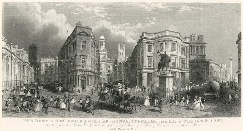 Bank of England og Royal Exchange, Cornhill, med King William Street af English School