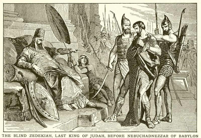 Den blinde Zedekias, Judas sidste konge, foran Nebukadnezar af Babylon af English School