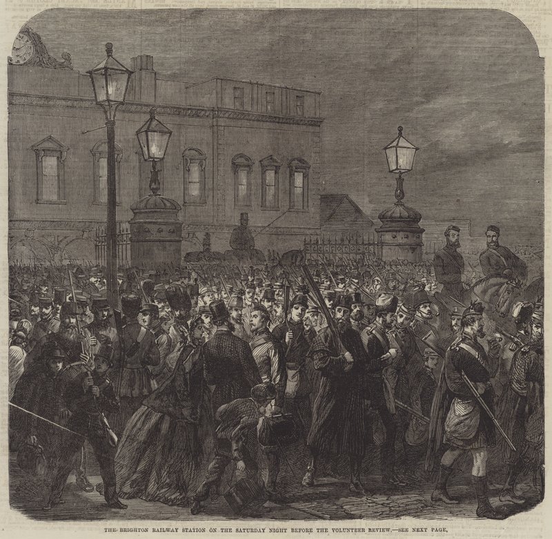 Brighton Railway Station lørdag aften før den frivillige anmeldelse (gravering) af English School
