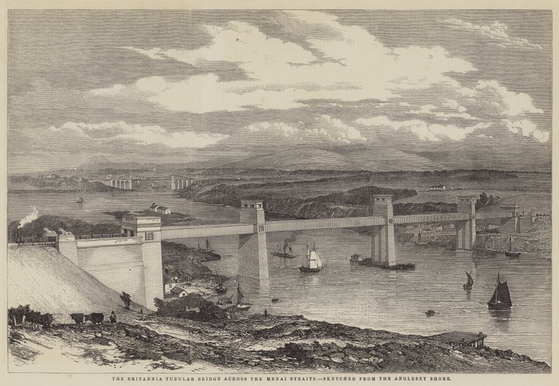 Britannia Tubular Bridge over Menai-strædet (gravering) af English School