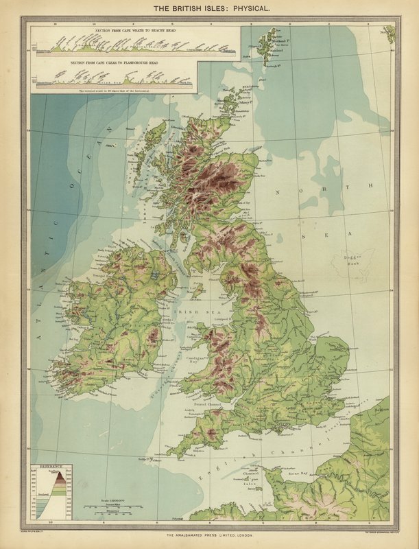 De britiske øer, fysisk (farve litho) af English School