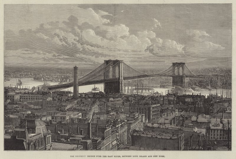 Brooklyn Bridge over East River, mellem Long Island og New York (gravering) af English School